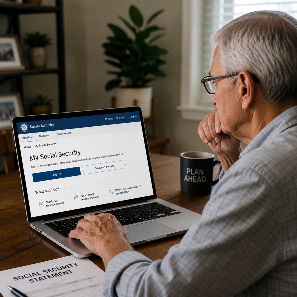 Retiree checking Social Security statement online at SSA.gov to prepare for possible 2032 benefit cuts